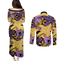 Plumeria Polynesian Pattern Couples Matching Puletasi and Long Sleeve Button Shirt Unique Fantasy Yellow Purple LT01 - Polynesian Pride