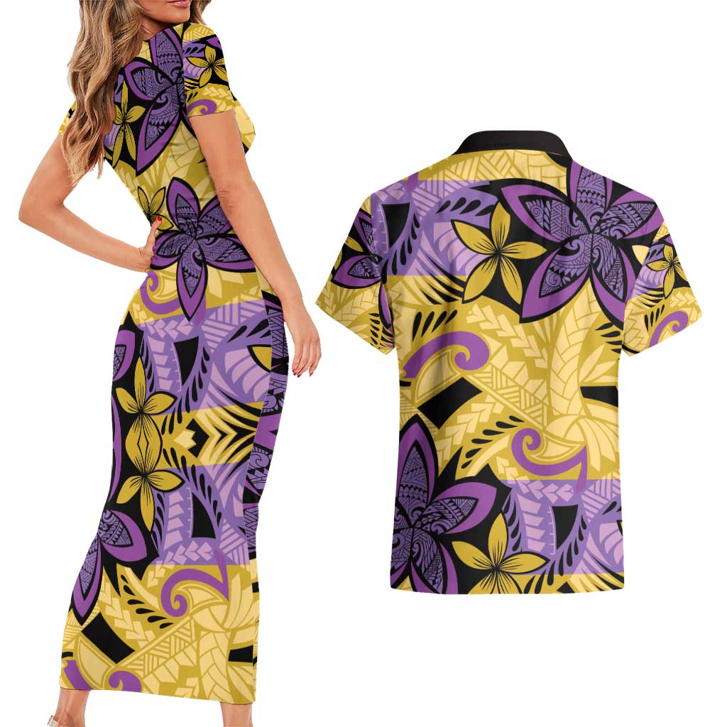 Plumeria Polynesian Pattern Couples Matching Short Sleeve Bodycon Dress and Hawaiian Shirt Unique Fantasy Yellow Purple LT01 - Polynesian Pride