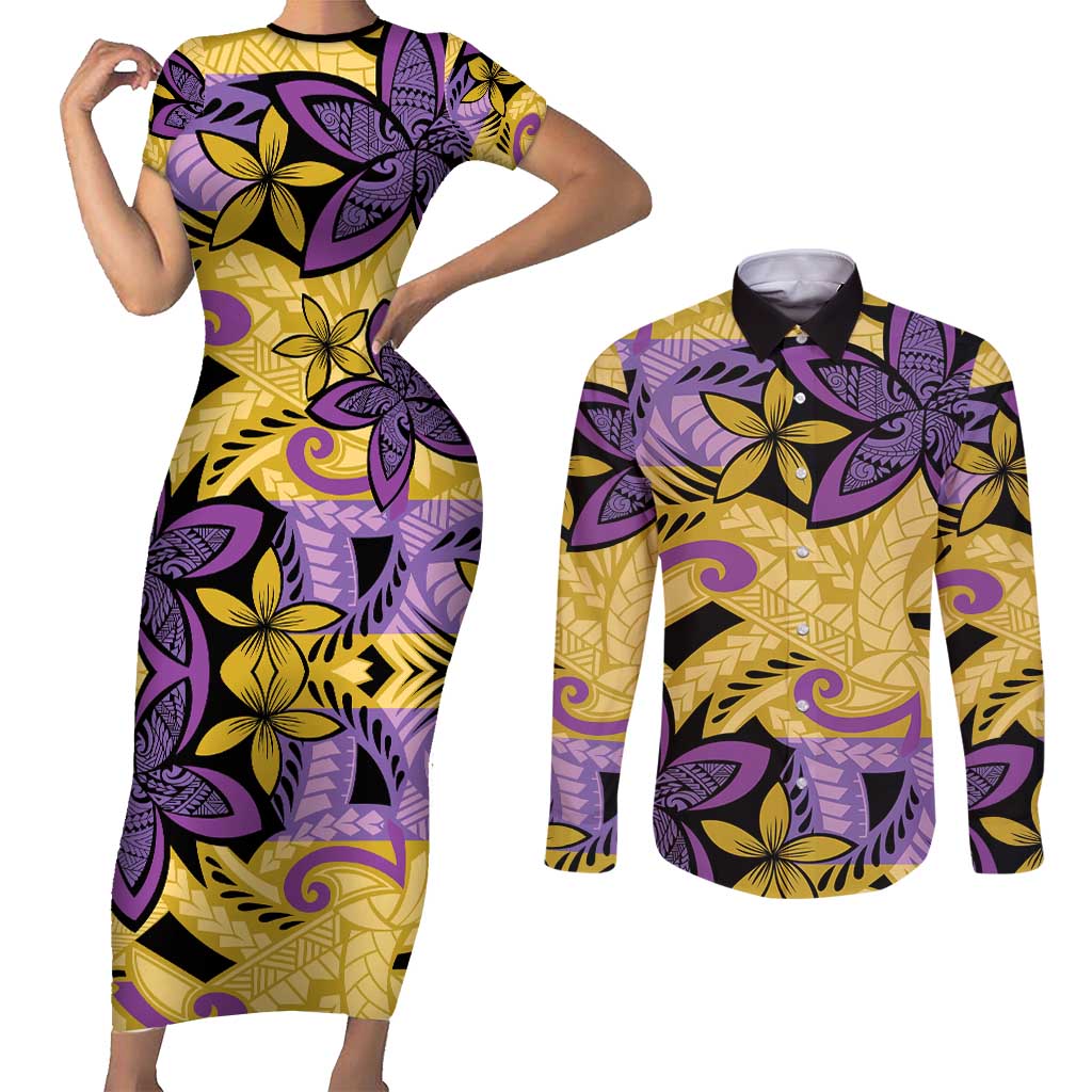 Plumeria Polynesian Pattern Couples Matching Short Sleeve Bodycon Dress and Long Sleeve Button Shirt Unique Fantasy Yellow Purple LT01 Yellow - Polynesian Pride