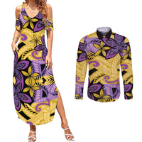 Plumeria Polynesian Pattern Couples Matching Summer Maxi Dress and Long Sleeve Button Shirt Unique Fantasy Yellow Purple