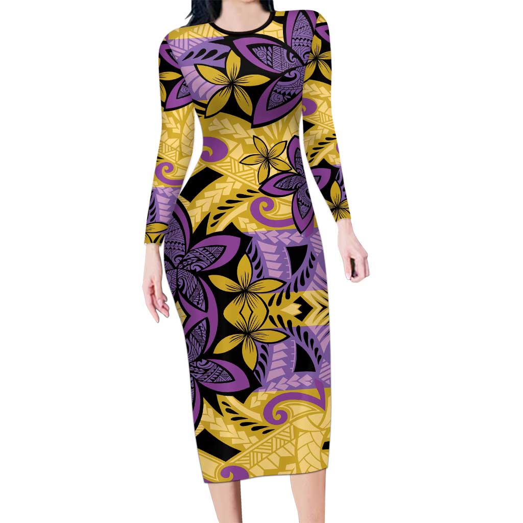 Plumeria Polynesian Pattern Family Matching Long Sleeve Bodycon Dress and Hawaiian Shirt Unique Fantasy Yellow Purple LT01 Mom's Dress Yellow - Polynesian Pride