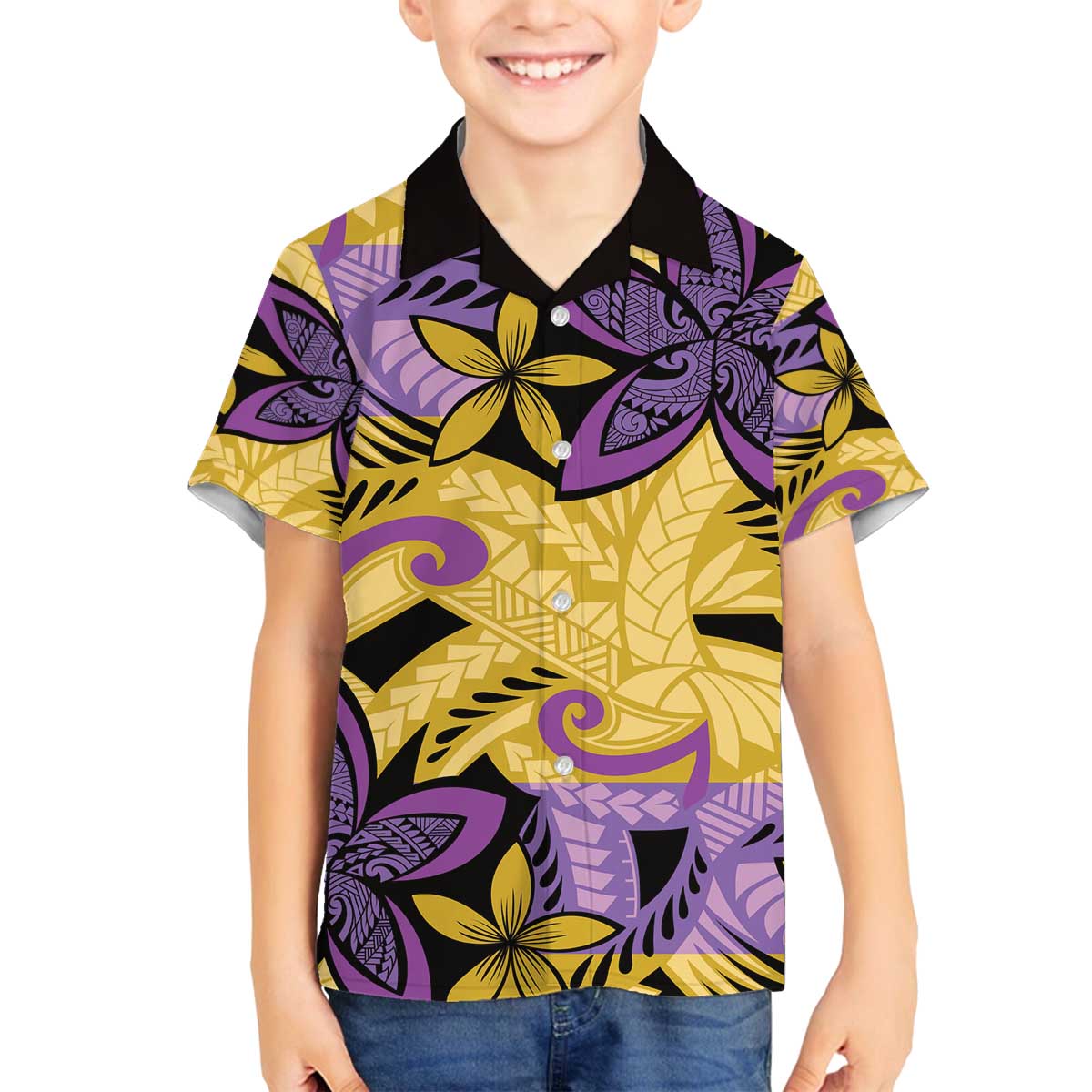 Plumeria Polynesian Pattern Family Matching Off The Shoulder Long Sleeve Dress and Hawaiian Shirt Unique Fantasy Yellow Purple
