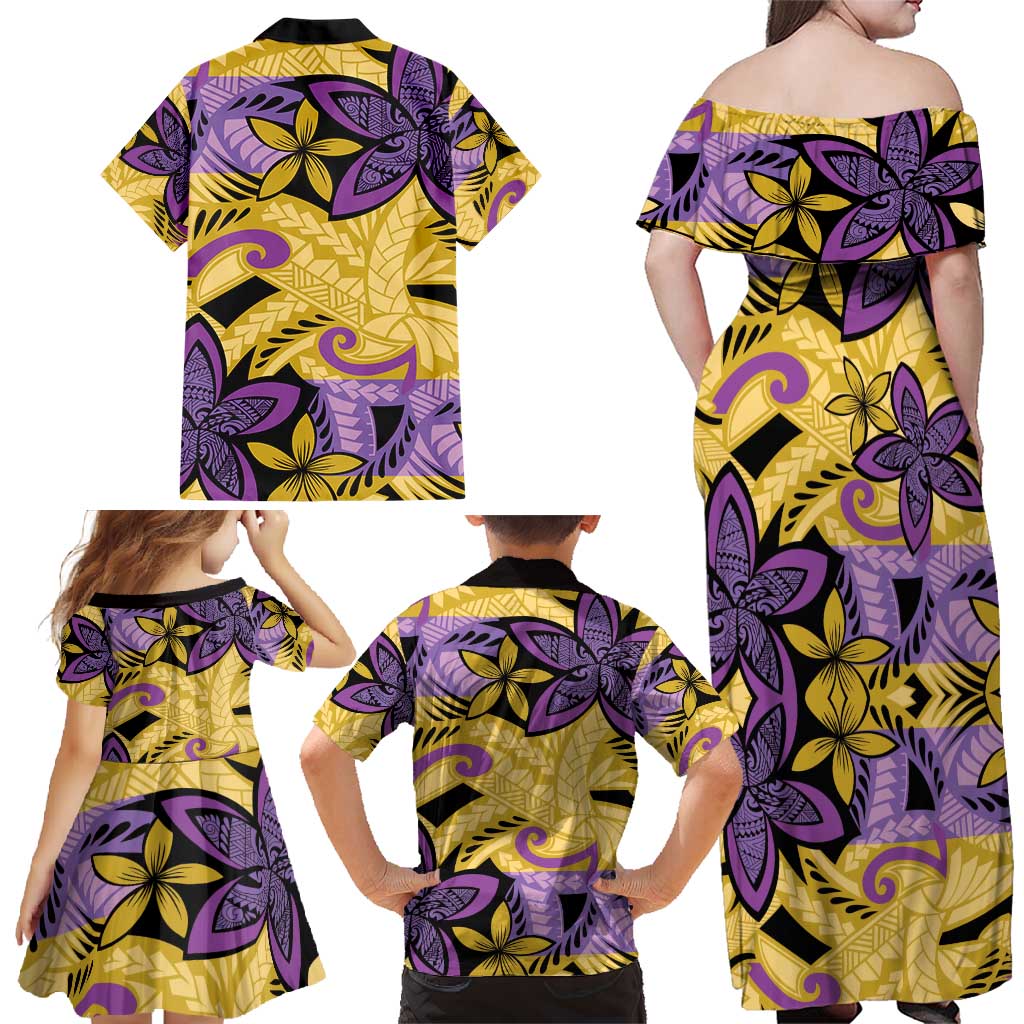 Plumeria Polynesian Pattern Family Matching Off Shoulder Maxi Dress and Hawaiian Shirt Unique Fantasy Yellow Purple