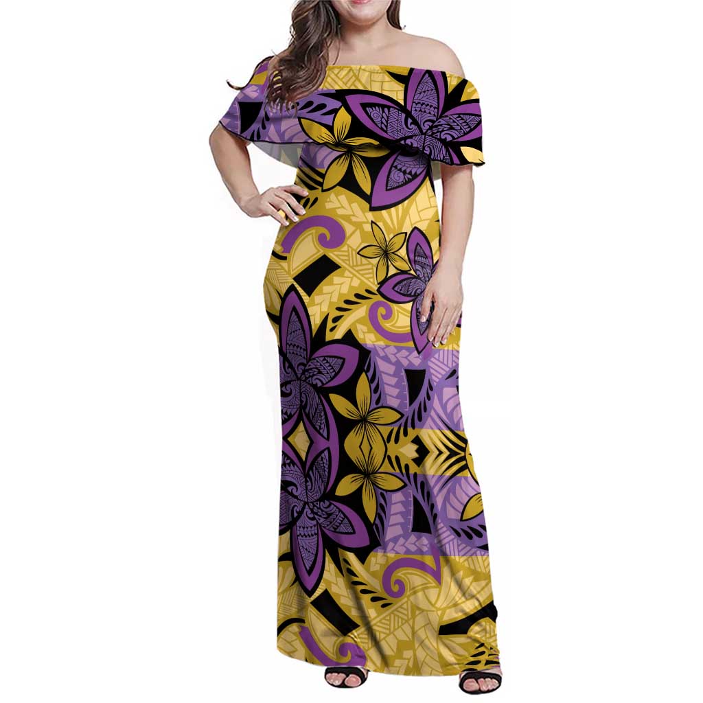 Plumeria Polynesian Pattern Family Matching Off Shoulder Maxi Dress and Hawaiian Shirt Unique Fantasy Yellow Purple