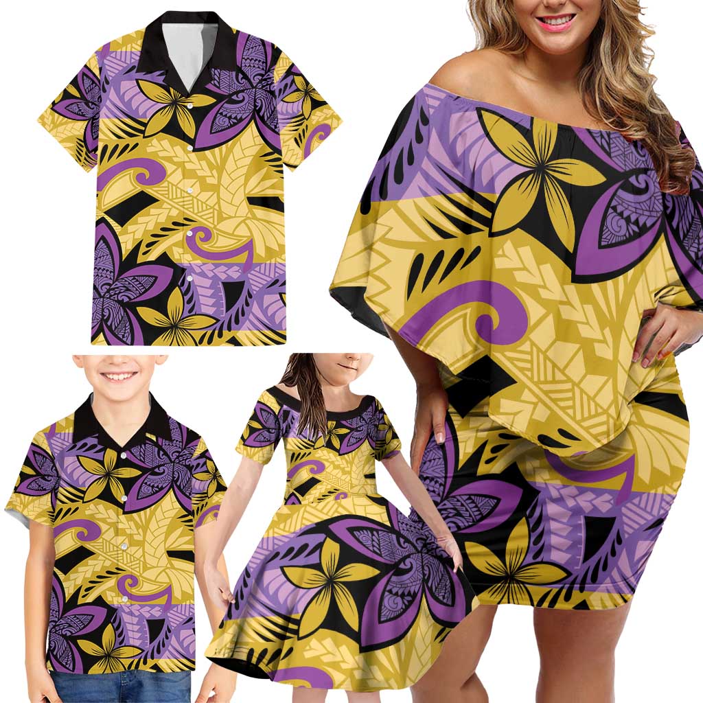 Plumeria Polynesian Pattern Family Matching Off Shoulder Short Dress and Hawaiian Shirt Unique Fantasy Yellow Purple