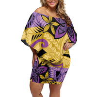 Plumeria Polynesian Pattern Family Matching Off Shoulder Short Dress and Hawaiian Shirt Unique Fantasy Yellow Purple