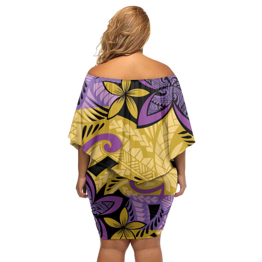 Plumeria Polynesian Pattern Family Matching Off Shoulder Short Dress and Hawaiian Shirt Unique Fantasy Yellow Purple