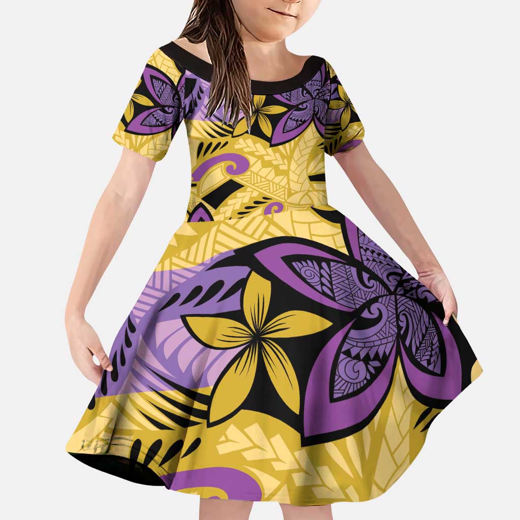 Plumeria Polynesian Pattern Family Matching Puletasi and Hawaiian Shirt Unique Fantasy Yellow Purple LT01 Daughter's Dress Yellow - Polynesian Pride