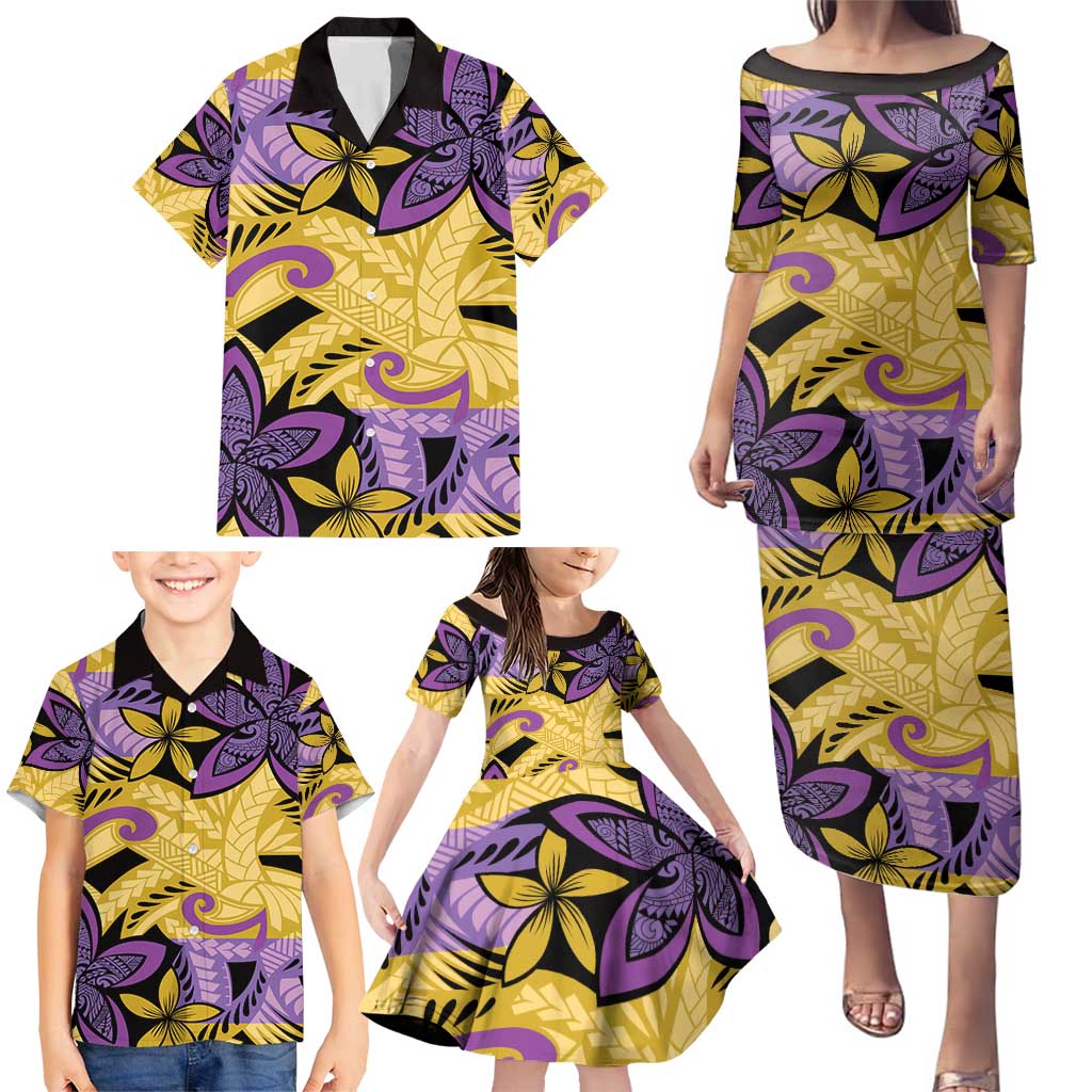 Plumeria Polynesian Pattern Family Matching Puletasi and Hawaiian Shirt Unique Fantasy Yellow Purple LT01 - Polynesian Pride