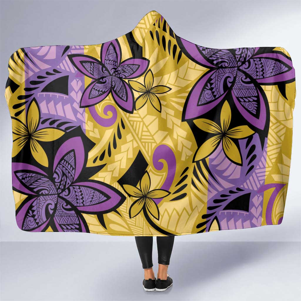 Plumeria Polynesian Pattern Hooded Blanket Unique Fantasy Yellow Purple