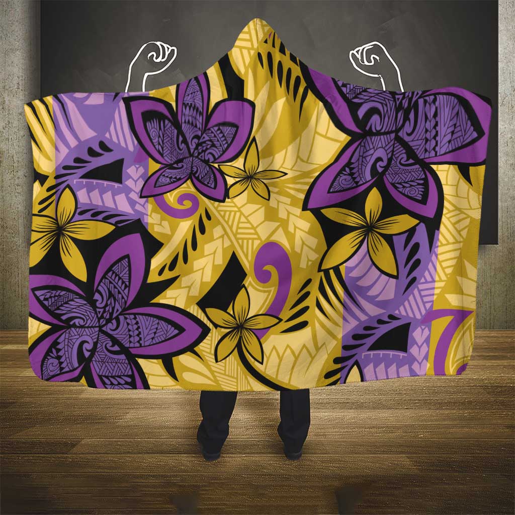 Plumeria Polynesian Pattern Hooded Blanket Unique Fantasy Yellow Purple