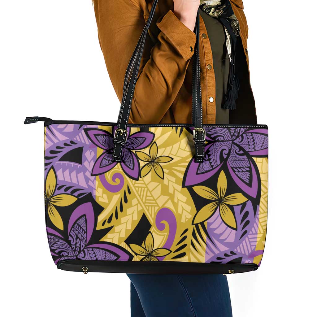 Plumeria Polynesian Pattern Leather Tote Bag Unique Fantasy Yellow Purple LT01 - Polynesian Pride