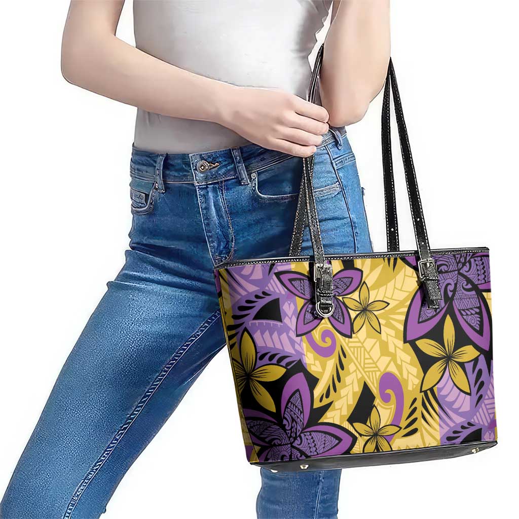Plumeria Polynesian Pattern Leather Tote Bag Unique Fantasy Yellow Purple LT01 - Polynesian Pride
