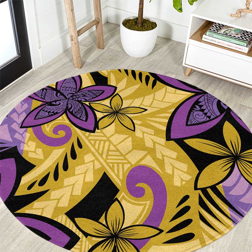 Plumeria Polynesian Pattern Round Carpet Unique Fantasy Yellow Purple