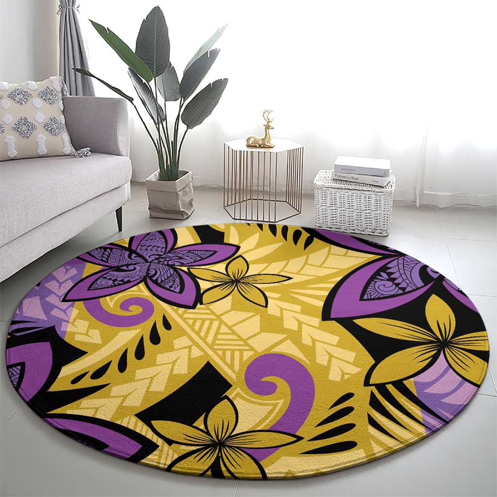 Plumeria Polynesian Pattern Round Carpet Unique Fantasy Yellow Purple