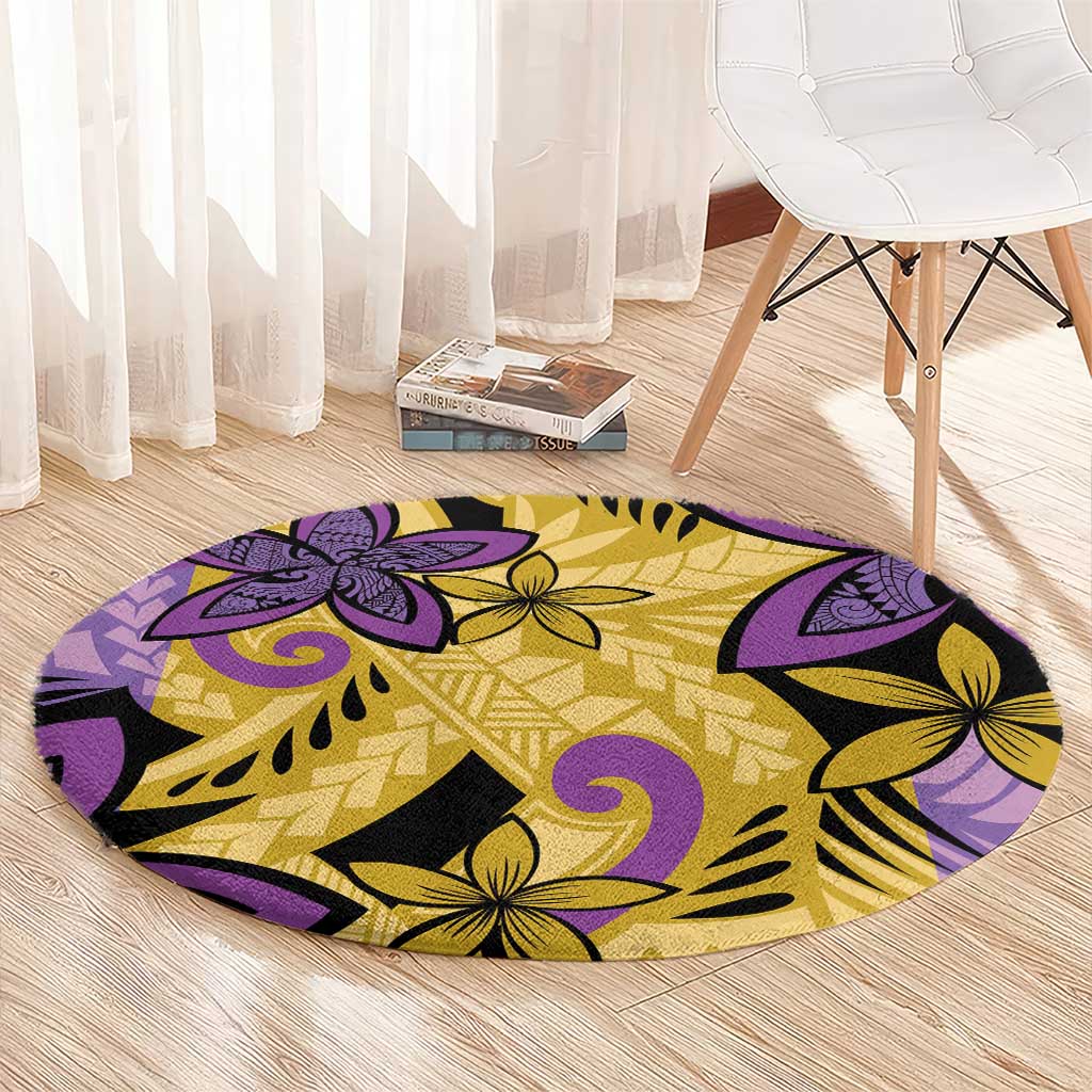 Plumeria Polynesian Pattern Round Carpet Unique Fantasy Yellow Purple