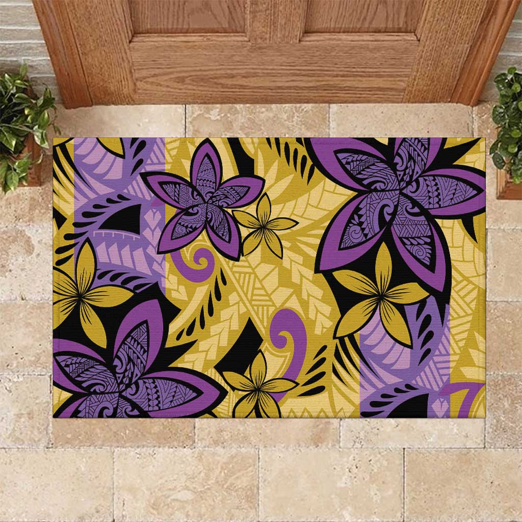 Plumeria Polynesian Pattern Rubber Doormat Unique Fantasy Yellow Purple