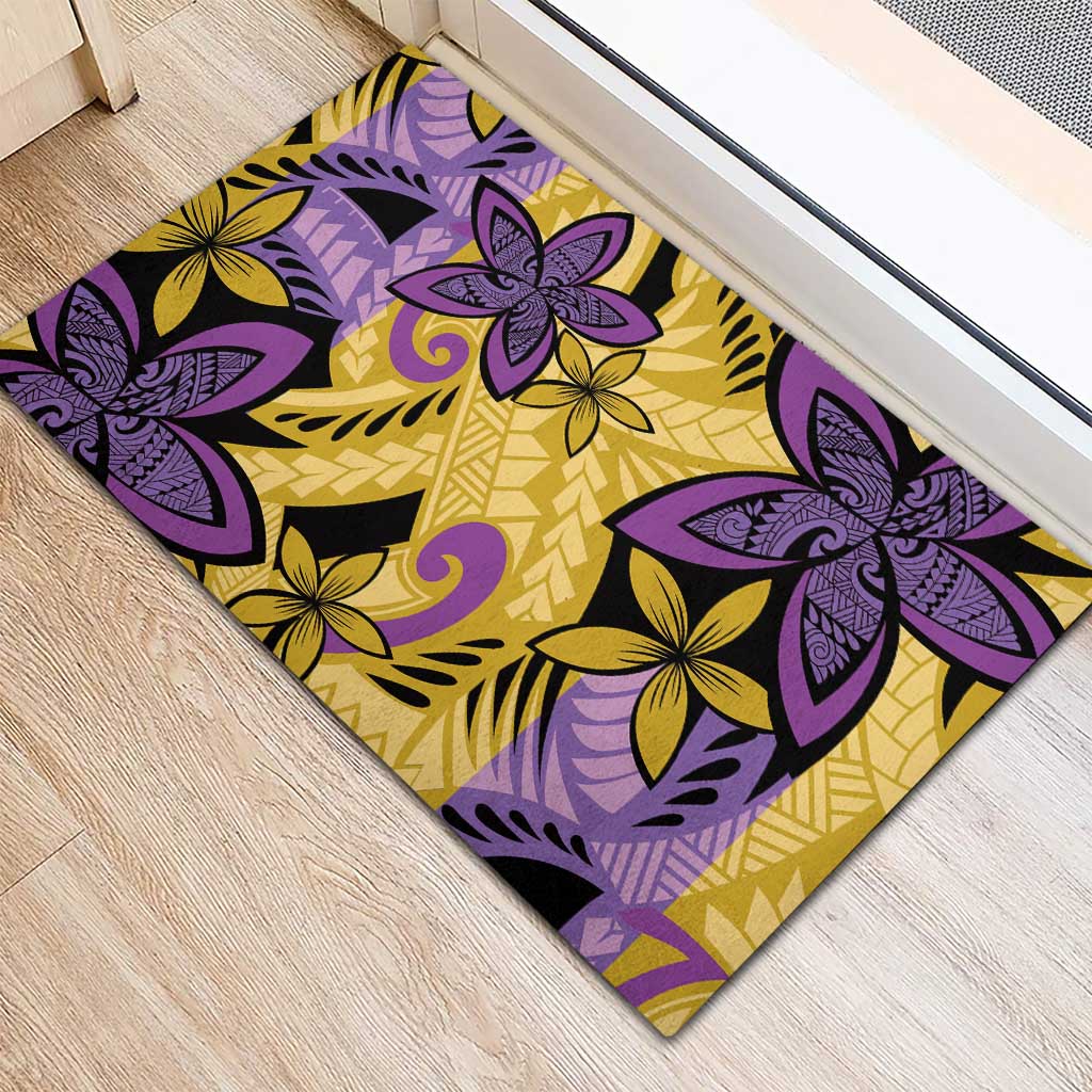 Plumeria Polynesian Pattern Rubber Doormat Unique Fantasy Yellow Purple
