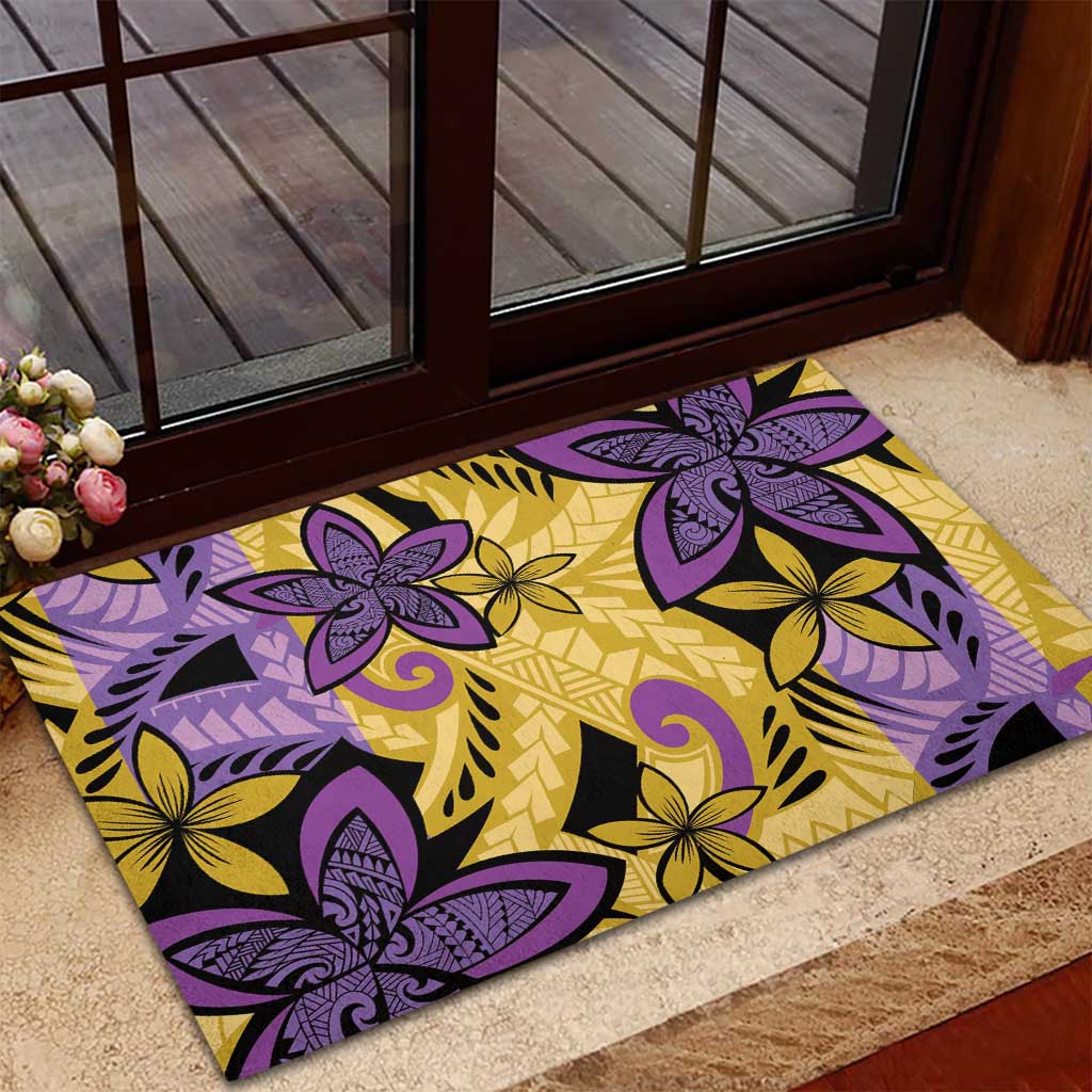 Plumeria Polynesian Pattern Rubber Doormat Unique Fantasy Yellow Purple