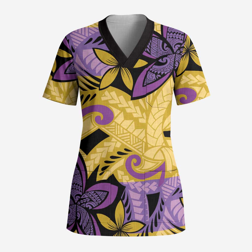 Plumeria Polynesian Pattern Scrub Top Unique Fantasy Yellow Purple - Polynesian Pride