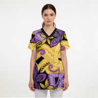 Plumeria Polynesian Pattern Scrub Top Unique Fantasy Yellow Purple - Polynesian Pride