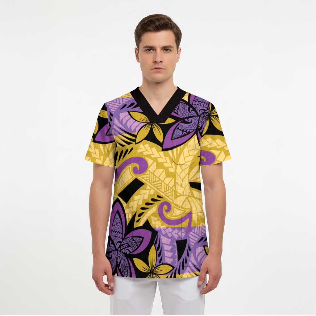 Plumeria Polynesian Pattern Scrub Top Unique Fantasy Yellow Purple - Polynesian Pride