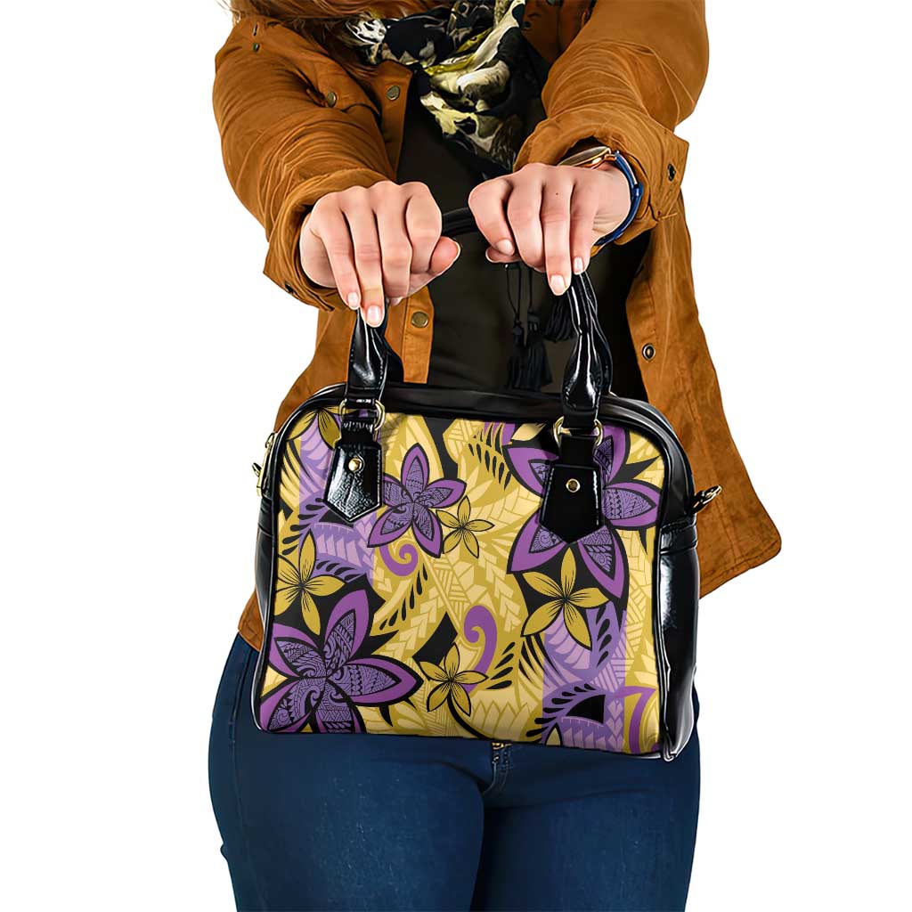 Plumeria Polynesian Pattern Shoulder Handbag Unique Fantasy Yellow Purple