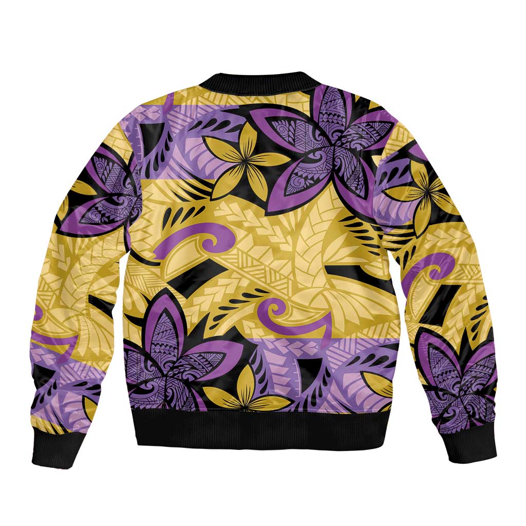 Plumeria Polynesian Pattern Sleeve Zip Bomber Jacket Unique Fantasy Yellow Purple LT01 - Polynesian Pride