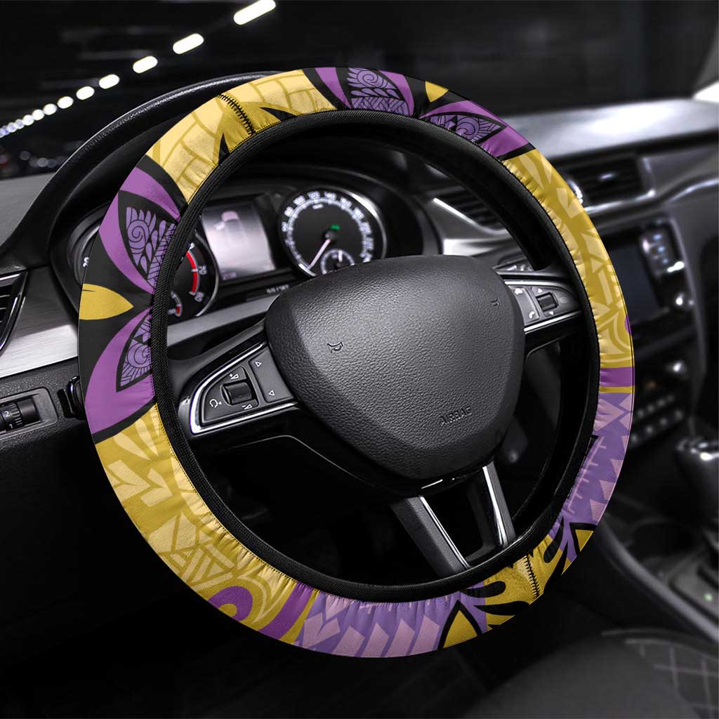 Plumeria Polynesian Pattern Steering Wheel Cover Unique Fantasy Yellow Purple