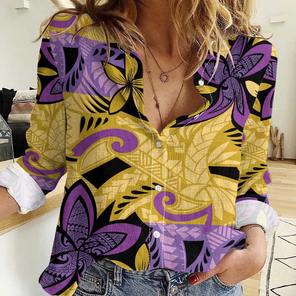 Plumeria Polynesian Pattern Women Casual Shirt Unique Fantasy Yellow Purple