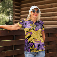 Plumeria Polynesian Pattern Women Polo Shirt Unique Fantasy Yellow Purple