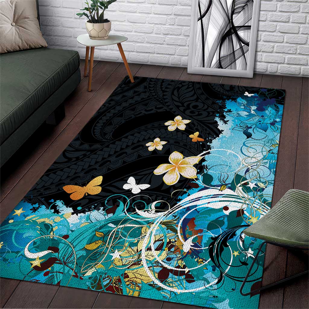Blue Grunge Polynesian Pattern Area Rug Plumeria Floral LT01 Blue - Polynesian Pride