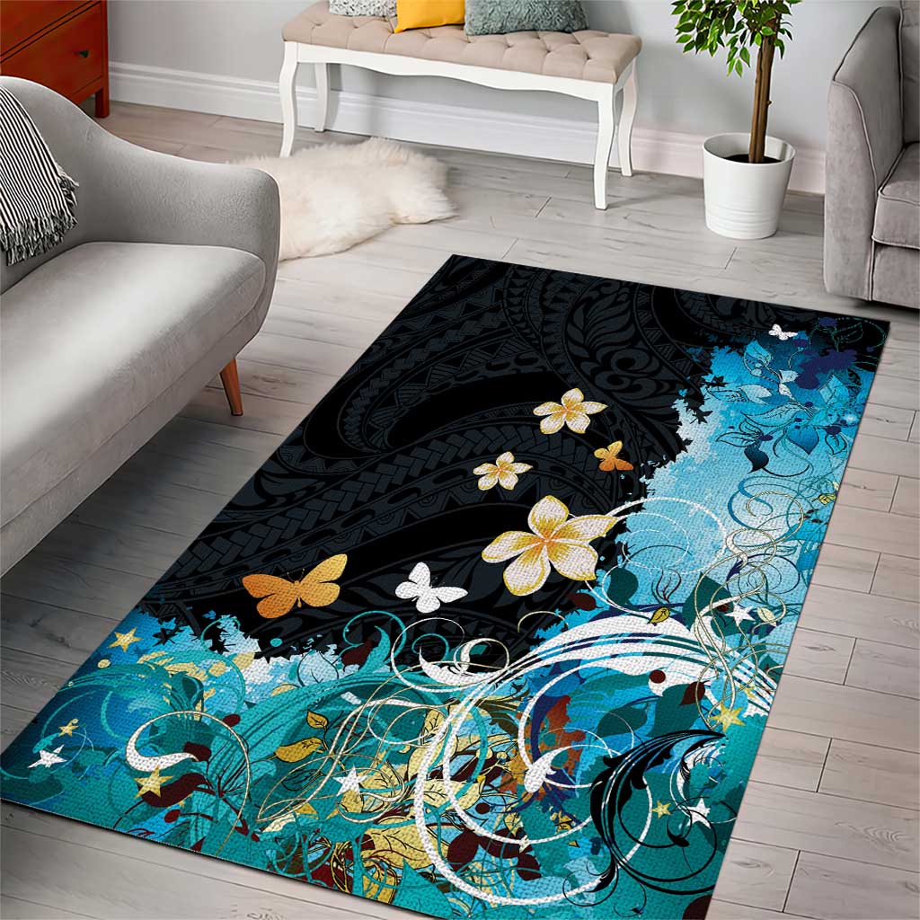 Blue Grunge Polynesian Pattern Area Rug Plumeria Floral LT01 - Polynesian Pride