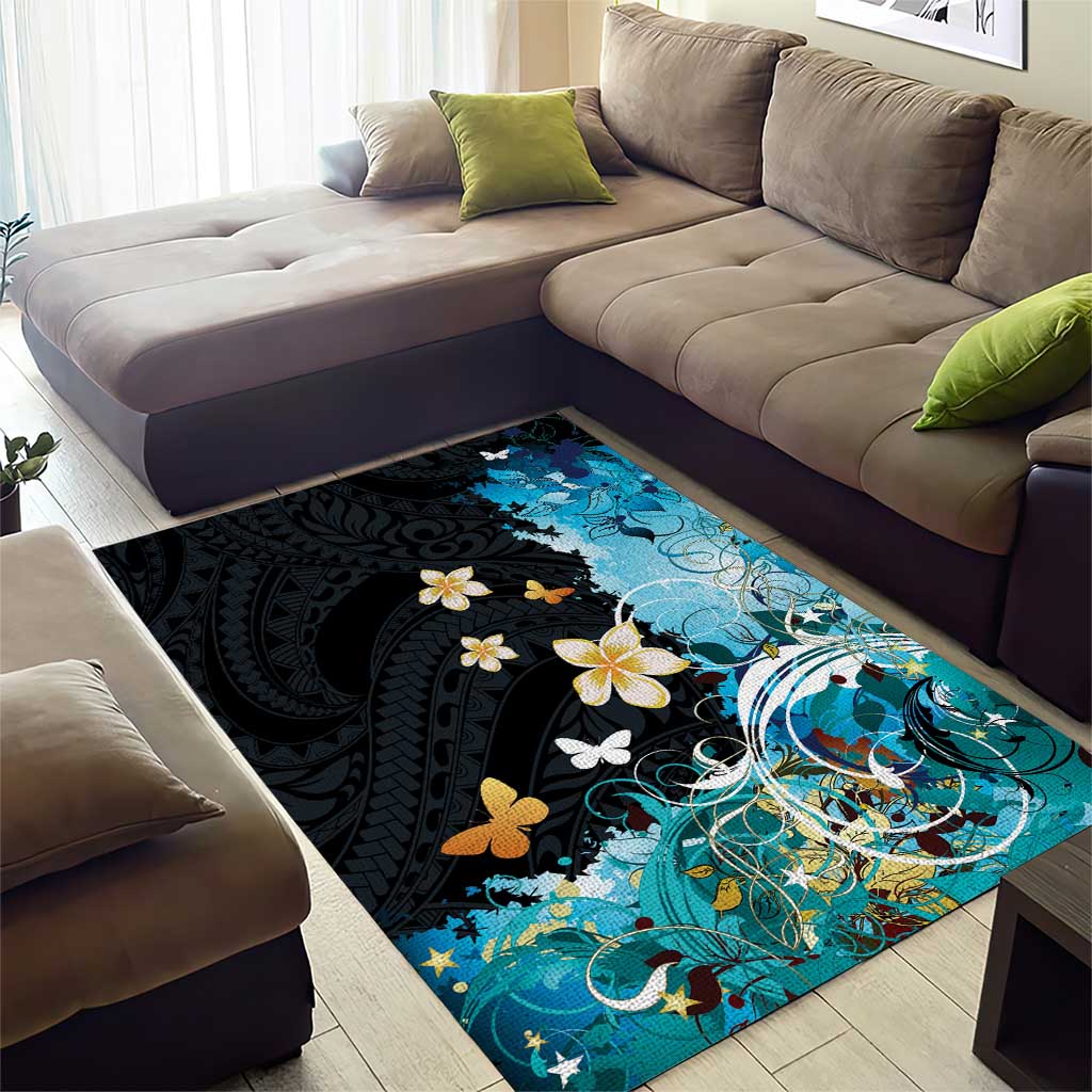 Blue Grunge Polynesian Pattern Area Rug Plumeria Floral LT01 - Polynesian Pride