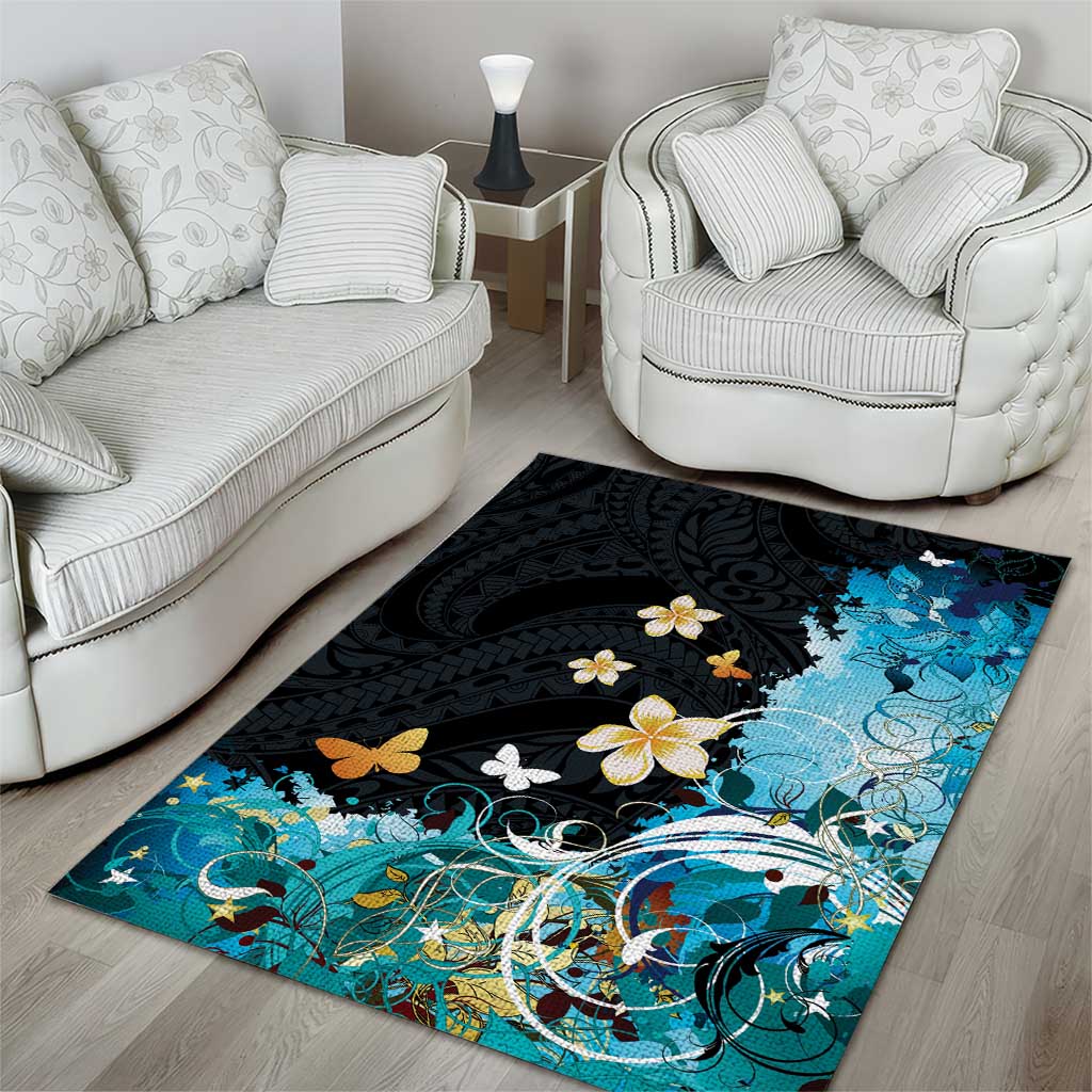 Blue Grunge Polynesian Pattern Area Rug Plumeria Floral LT01 - Polynesian Pride