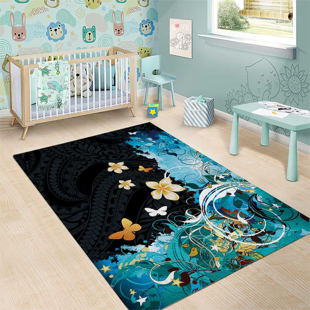 Blue Grunge Polynesian Pattern Area Rug Plumeria Floral LT01 - Polynesian Pride