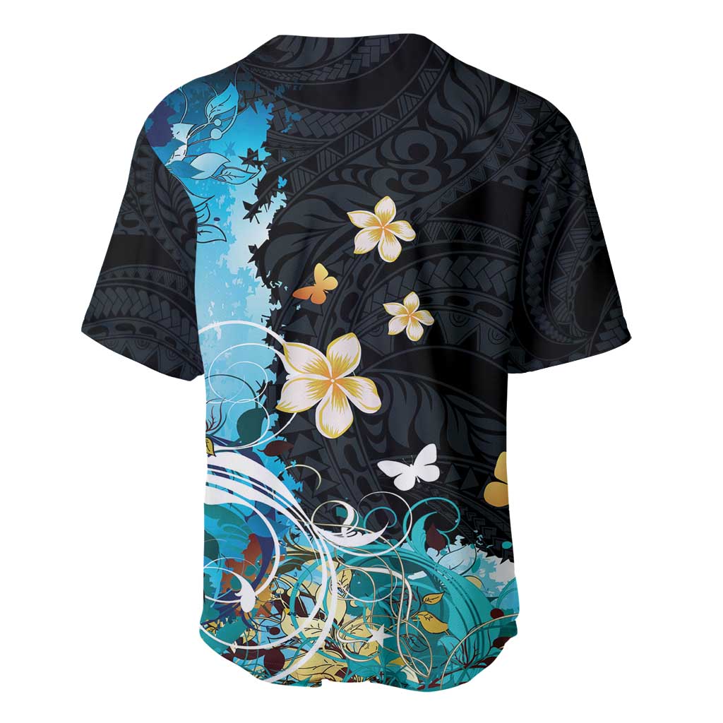 Blue Grunge Polynesian Pattern Baseball Jersey Plumeria Floral LT01 - Polynesian Pride
