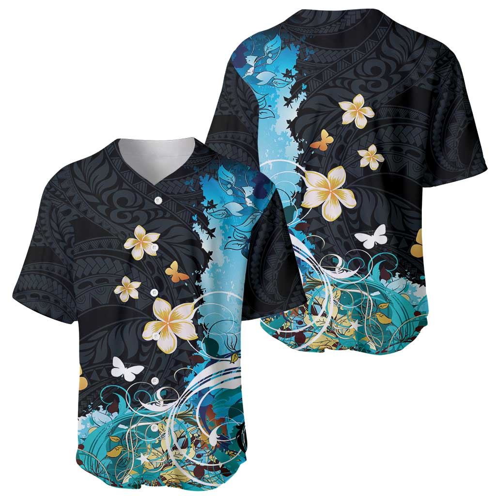Blue Grunge Polynesian Pattern Baseball Jersey Plumeria Floral LT01 - Polynesian Pride