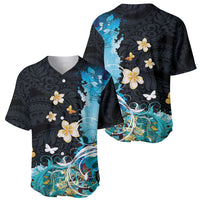 Blue Grunge Polynesian Pattern Baseball Jersey Plumeria Floral LT01 - Polynesian Pride