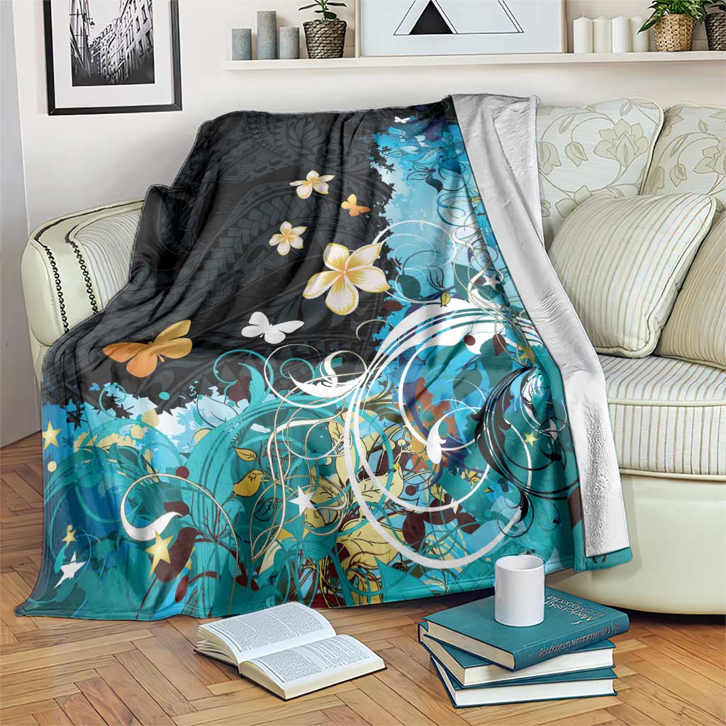 Blue Grunge Polynesian Pattern Blanket Plumeria Floral LT01 Blue - Polynesian Pride