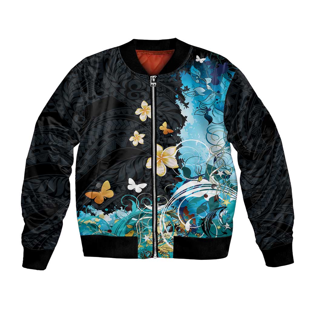 Blue Grunge Polynesian Pattern Bomber Jacket Plumeria Floral LT01 Unisex Blue - Polynesian Pride