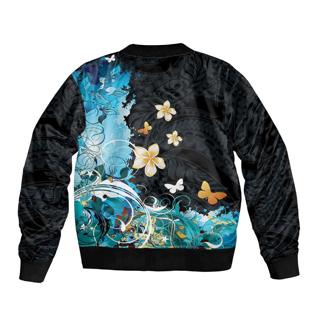 Blue Grunge Polynesian Pattern Bomber Jacket Plumeria Floral LT01 - Polynesian Pride