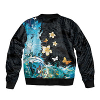 Blue Grunge Polynesian Pattern Bomber Jacket Plumeria Floral LT01 - Polynesian Pride