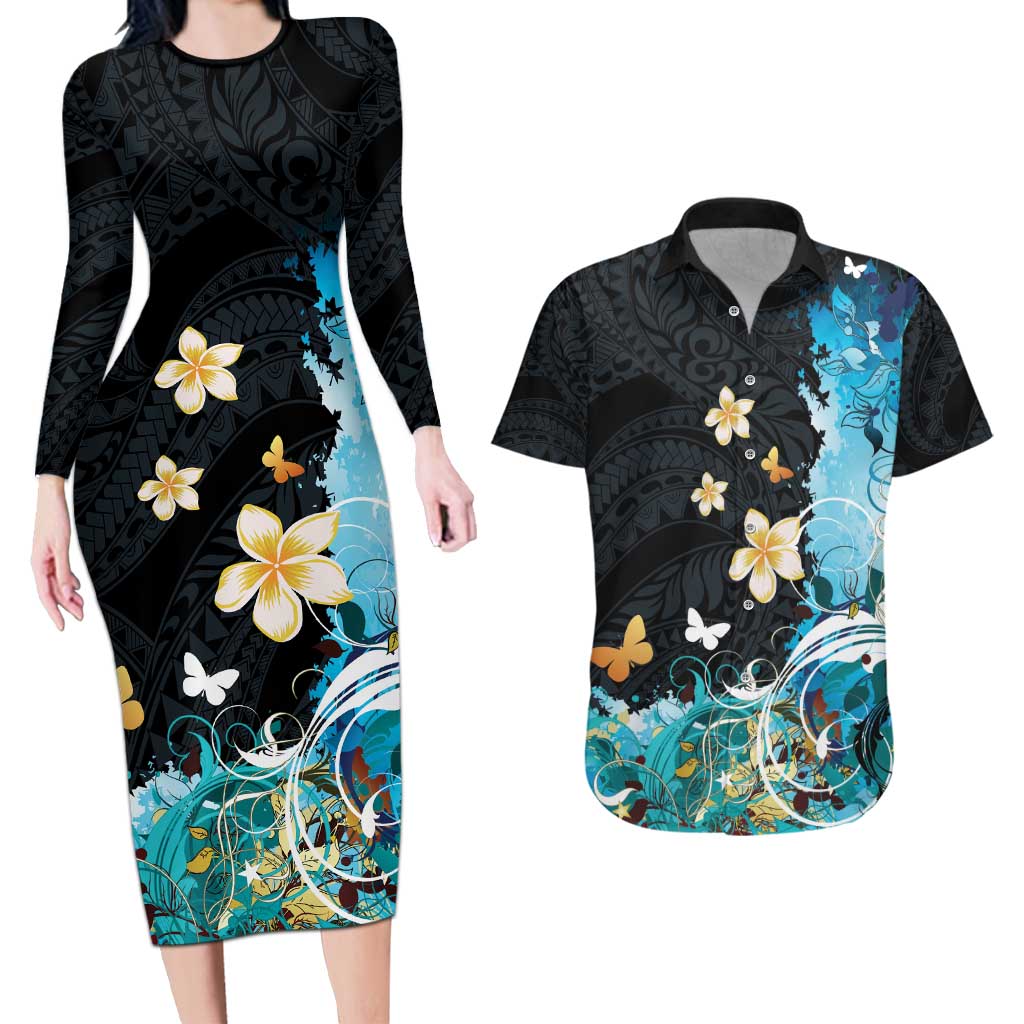 Blue Grunge Polynesian Pattern Couples Matching Long Sleeve Bodycon Dress and Hawaiian Shirt Plumeria Floral