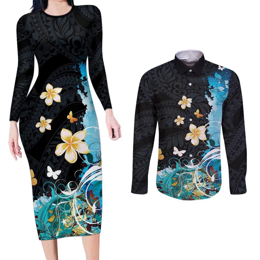 Blue Grunge Polynesian Pattern Couples Matching Long Sleeve Bodycon Dress and Long Sleeve Button Shirt Plumeria Floral