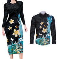 Blue Grunge Polynesian Pattern Couples Matching Long Sleeve Bodycon Dress and Long Sleeve Button Shirt Plumeria Floral