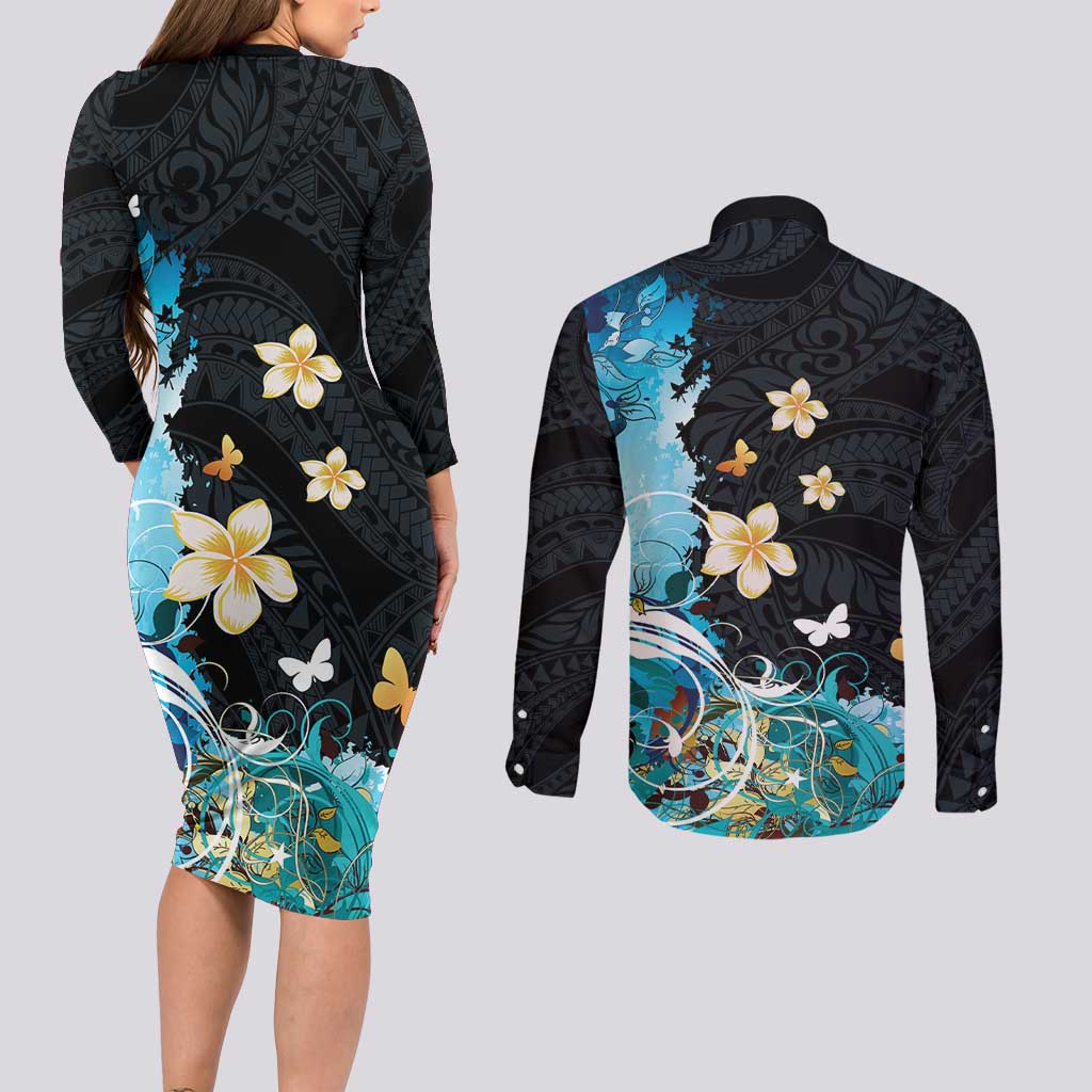 Blue Grunge Polynesian Pattern Couples Matching Long Sleeve Bodycon Dress and Long Sleeve Button Shirt Plumeria Floral