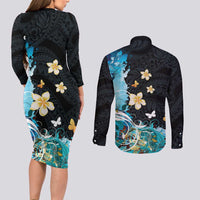 Blue Grunge Polynesian Pattern Couples Matching Long Sleeve Bodycon Dress and Long Sleeve Button Shirt Plumeria Floral