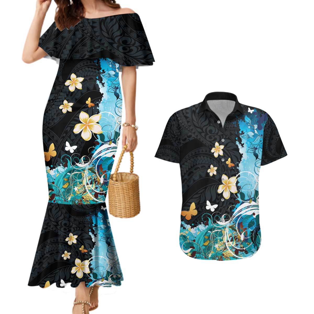Blue Grunge Polynesian Pattern Couples Matching Mermaid Dress and Hawaiian Shirt Plumeria Floral