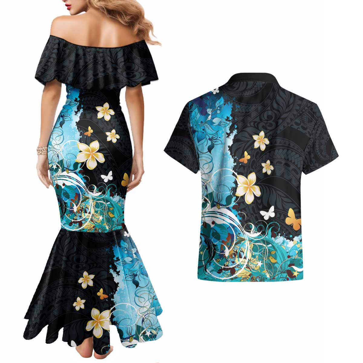 Blue Grunge Polynesian Pattern Couples Matching Mermaid Dress and Hawaiian Shirt Plumeria Floral